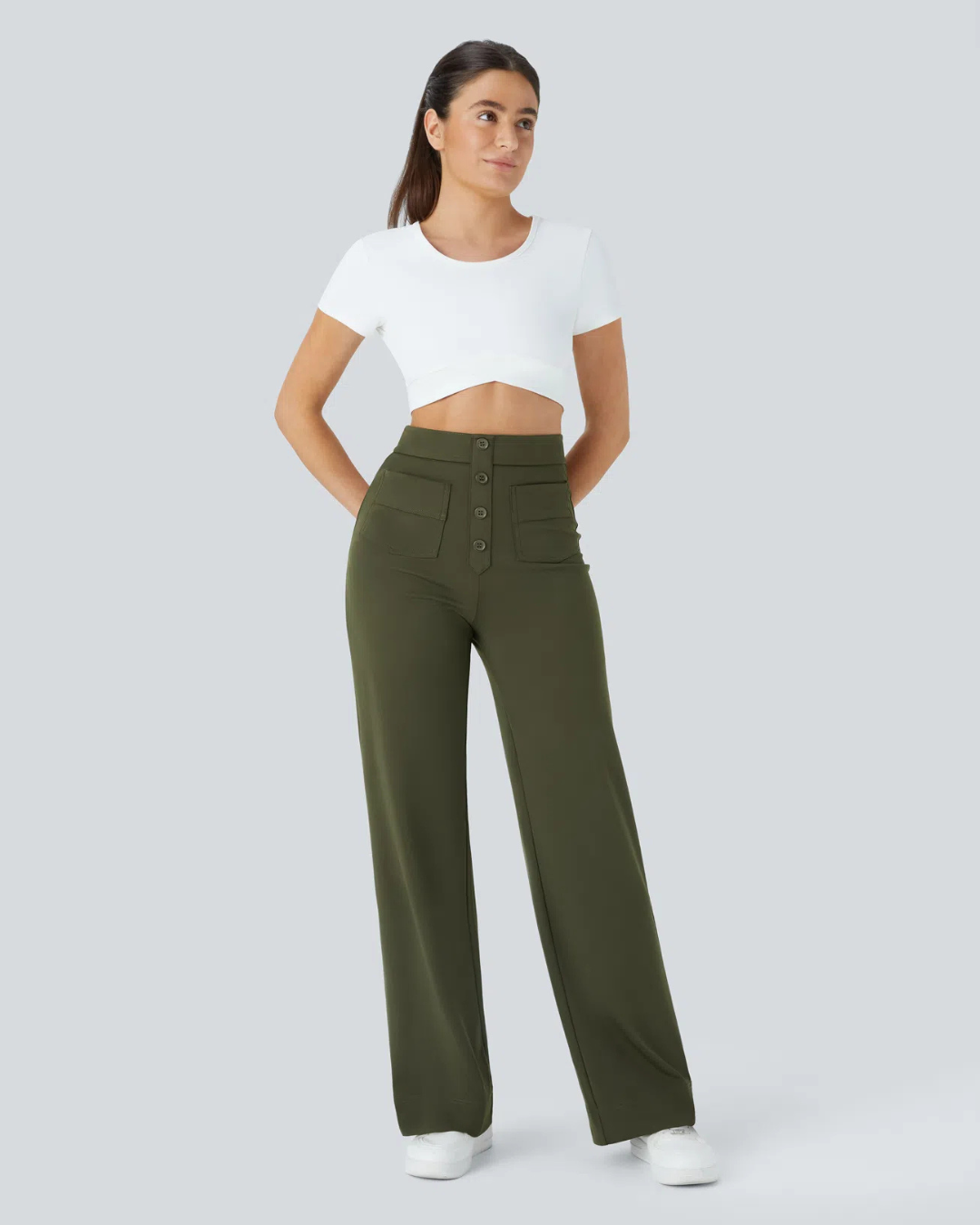 Pantaloni Drepți cu Talie înaltă, cu Nasturi Decorativi și Buzunare Frontale în Stil Utilitar