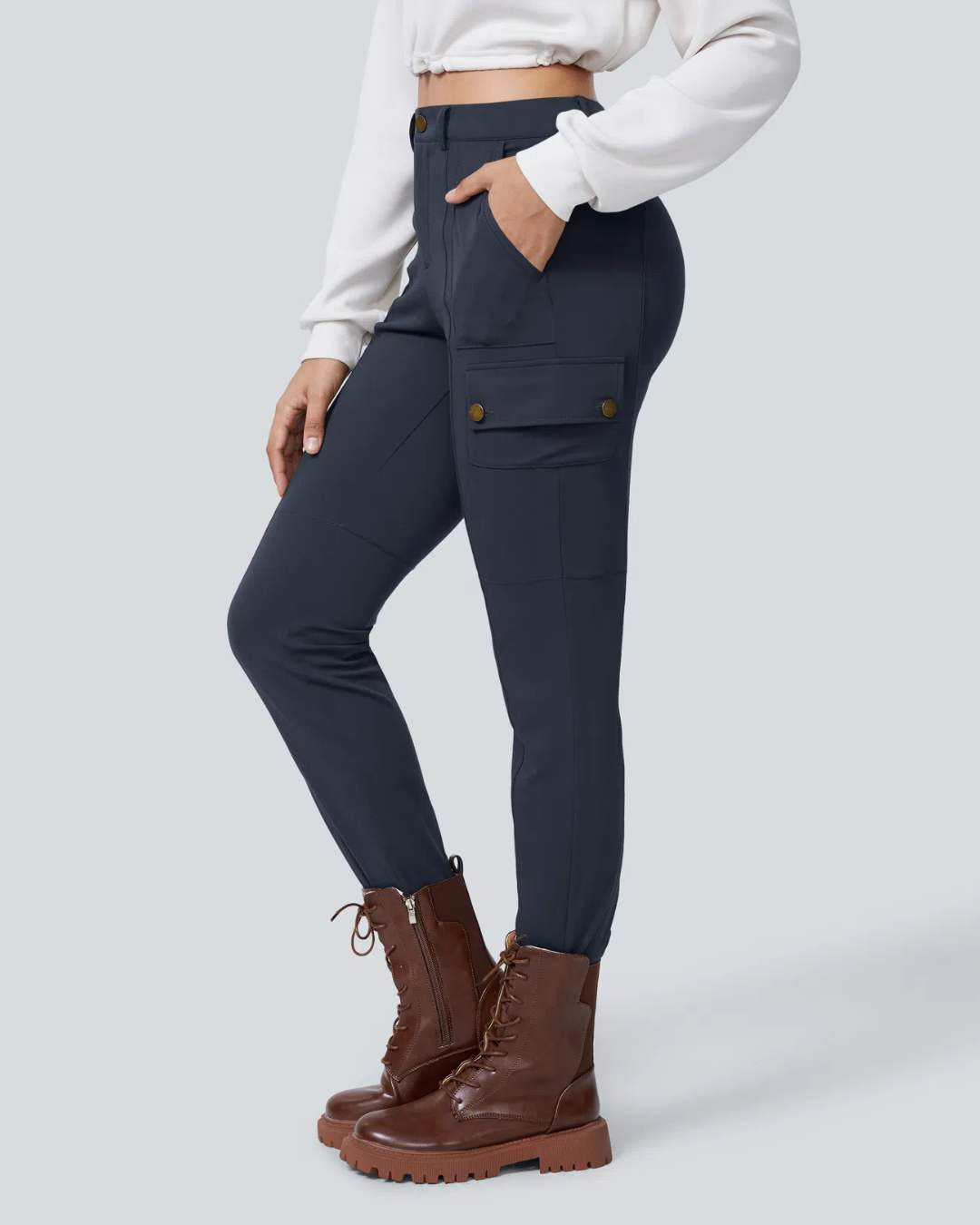 Pantaloni Casual Simpli și Conici cu Talie Înaltă și Mai Multe Buzunare pentru Femei