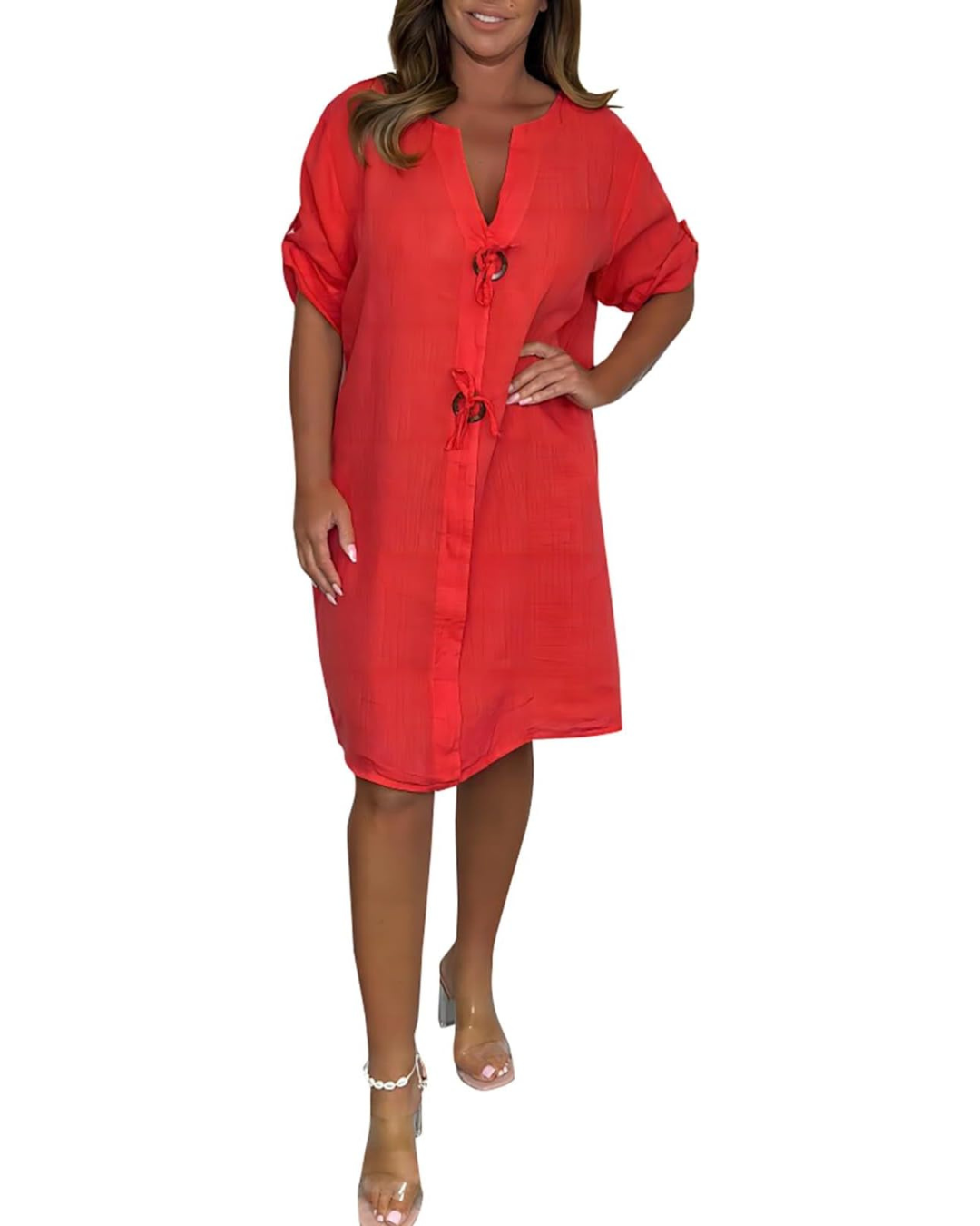 Rochie din in cu mâneci lungi și nasturi eleganți®