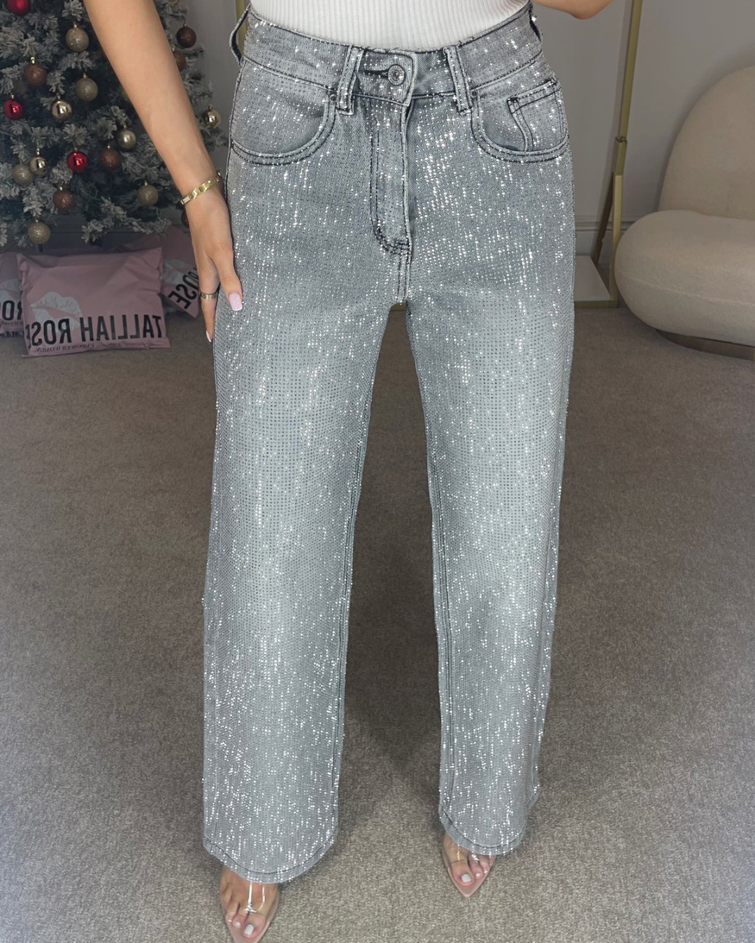 Pantaloni stil blugi cu picior larg și diamant pentru femei