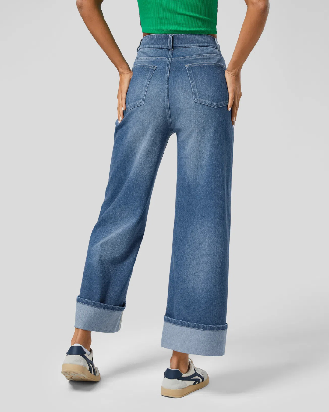 Pantaloni Spălați cu Tiv Rulat Elastic și Talie înaltă