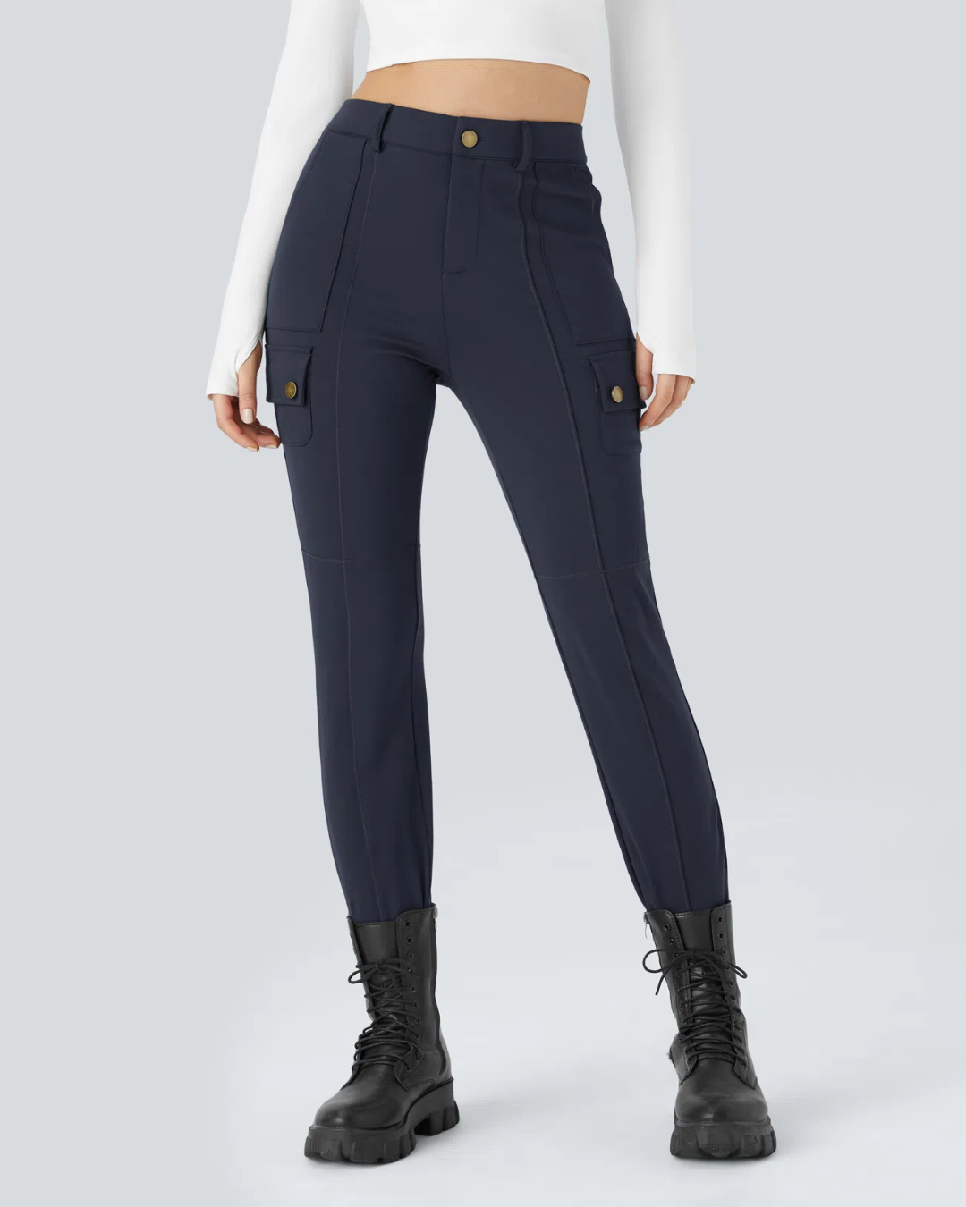 Pantaloni Casual Simpli și Conici cu Talie Înaltă și Mai Multe Buzunare pentru Femei