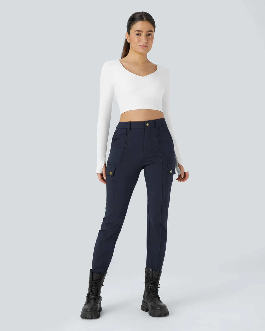 Pantaloni Casual Simpli și Conici cu Talie Înaltă și Mai Multe Buzunare pentru Femei