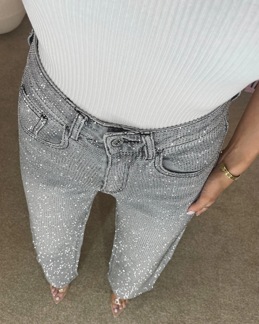 Pantaloni stil blugi cu picior larg și diamant pentru femei