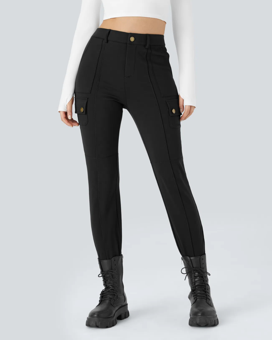 Pantaloni Casual Simpli și Conici cu Talie Înaltă și Mai Multe Buzunare pentru Femei