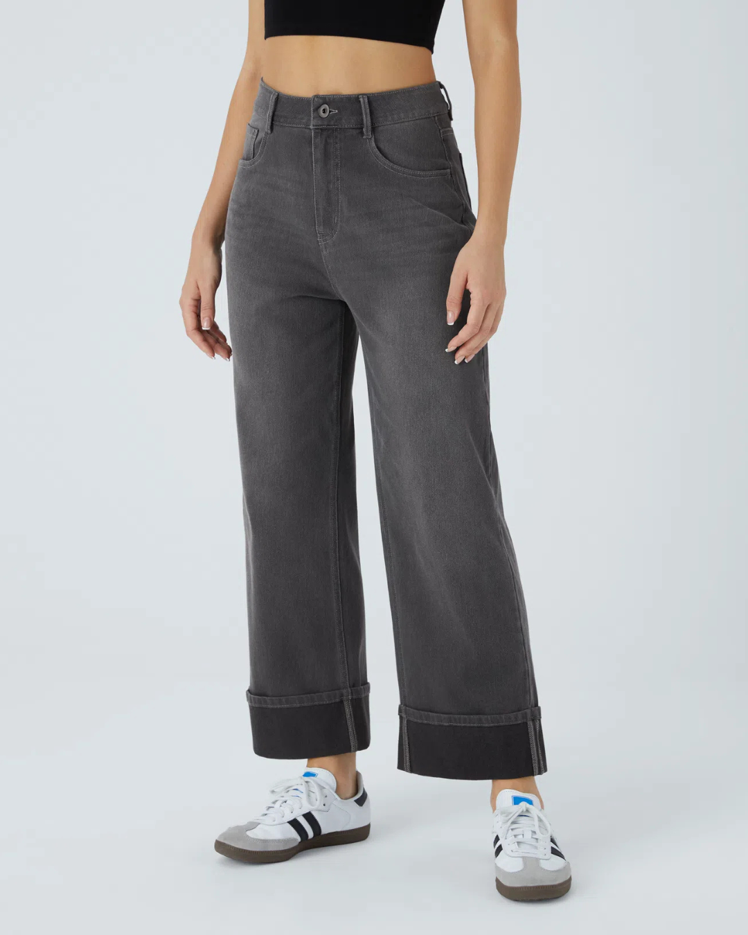 Pantaloni Spălați cu Tiv Rulat Elastic și Talie înaltă