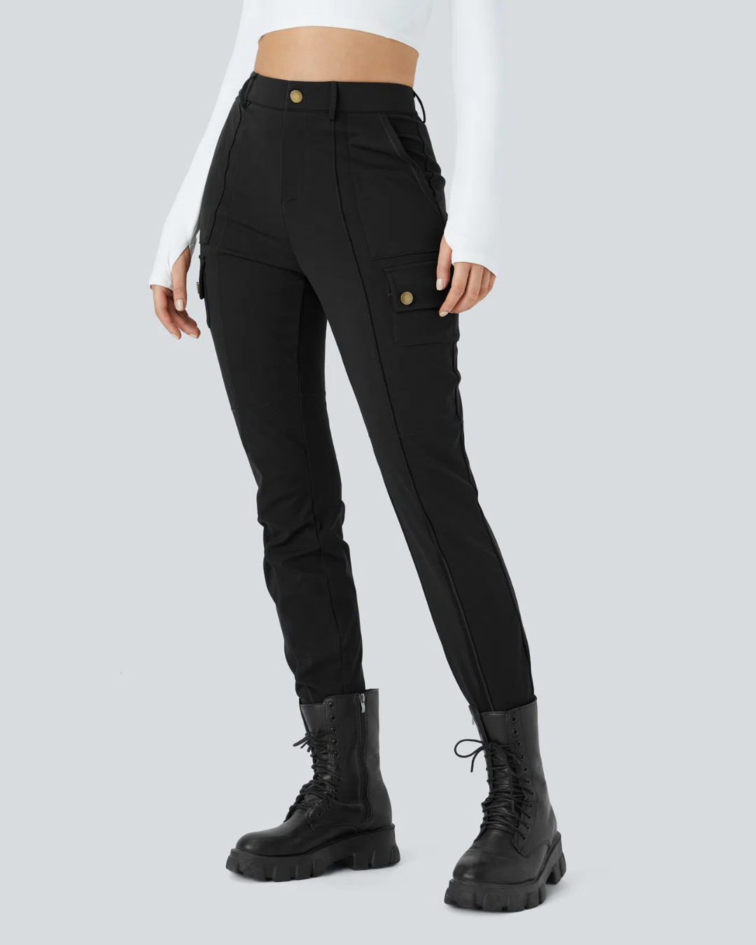 Pantaloni Casual Simpli și Conici cu Talie Înaltă și Mai Multe Buzunare pentru Femei