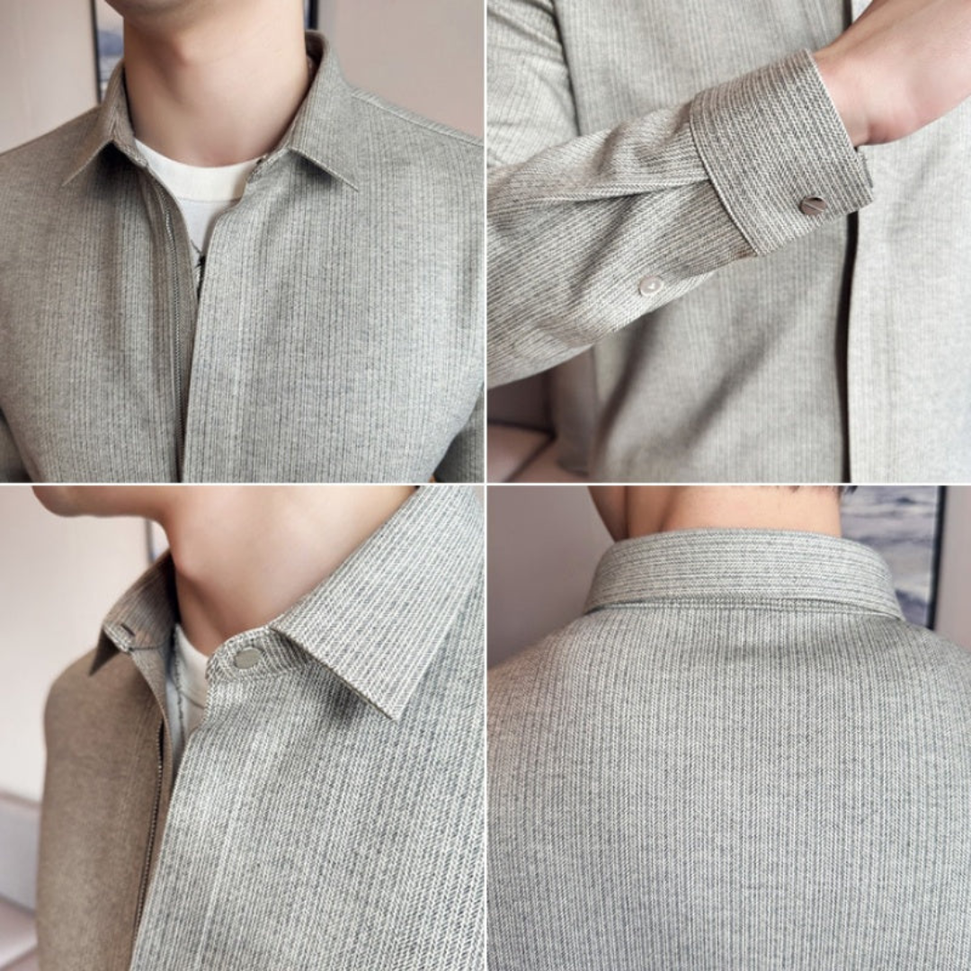 Cămașă Bărbătească cu Rever Casual de Culoare uni cu închidere cu Fermoar
