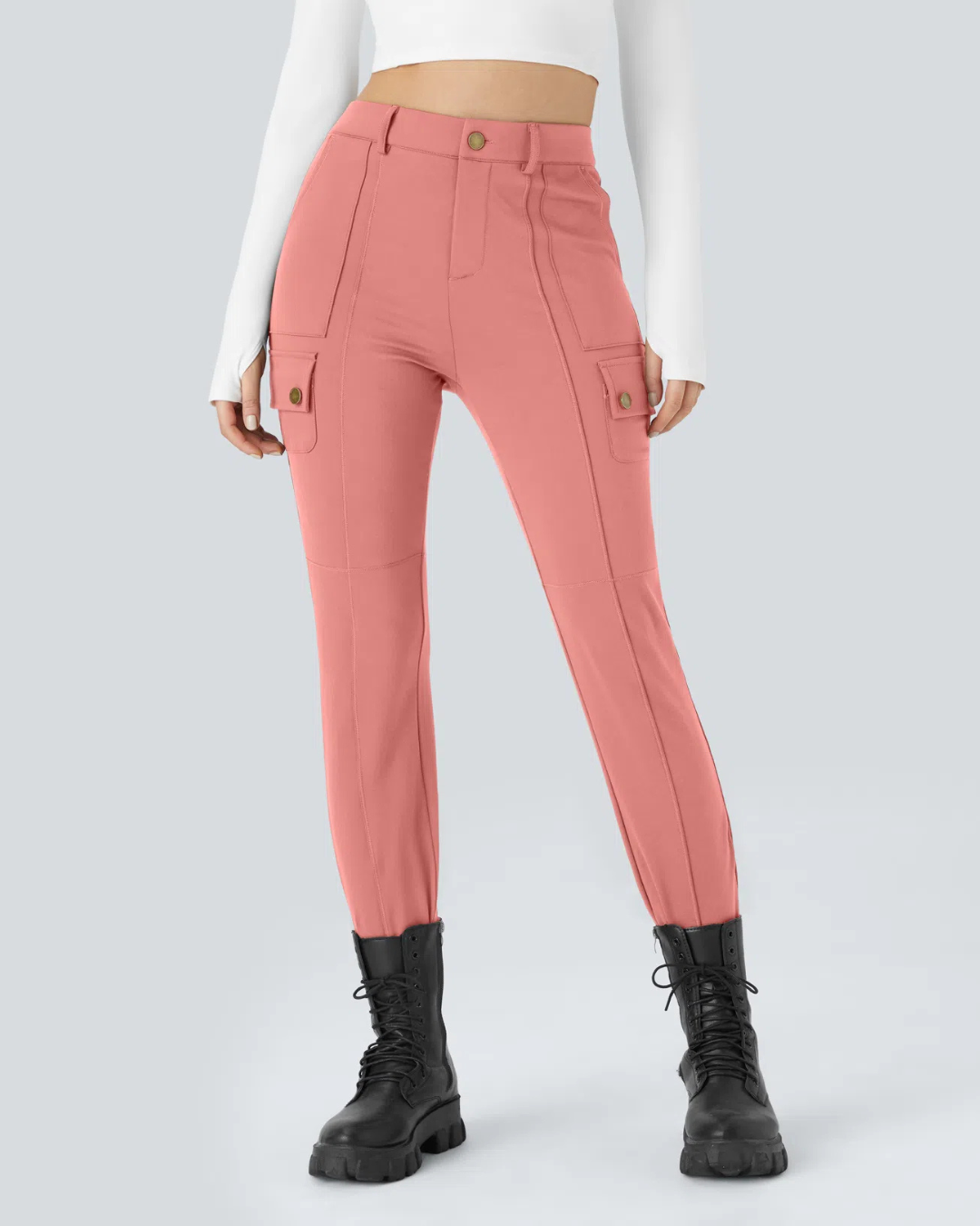 Pantaloni Casual Simpli și Conici cu Talie Înaltă și Mai Multe Buzunare pentru Femei