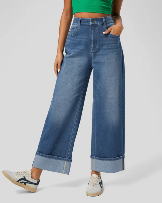 Pantaloni Spălați cu Tiv Rulat Elastic și Talie înaltă
