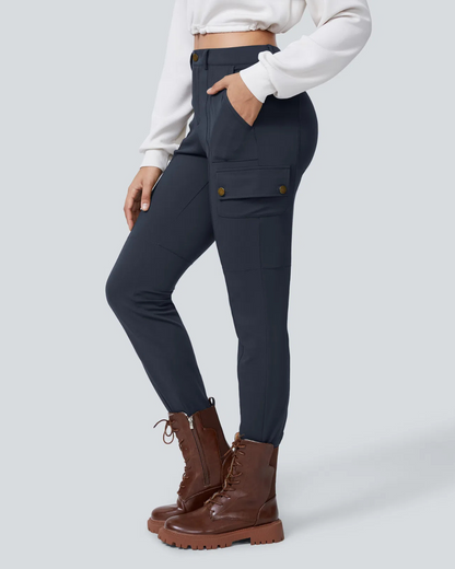 Pantaloni Casual Simpli și Conici cu Talie Înaltă și Mai Multe Buzunare pentru Femei
