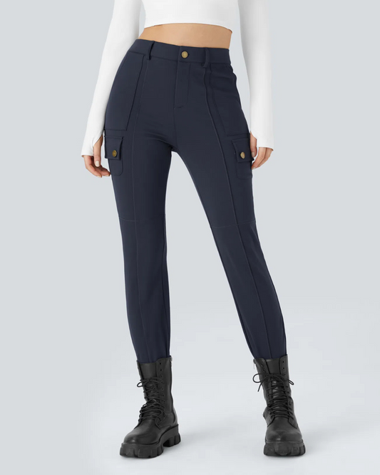 Pantaloni Casual Simpli și Conici cu Talie Înaltă și Mai Multe Buzunare pentru Femei