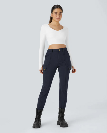 Pantaloni Casual Simpli și Conici cu Talie Înaltă și Mai Multe Buzunare pentru Femei