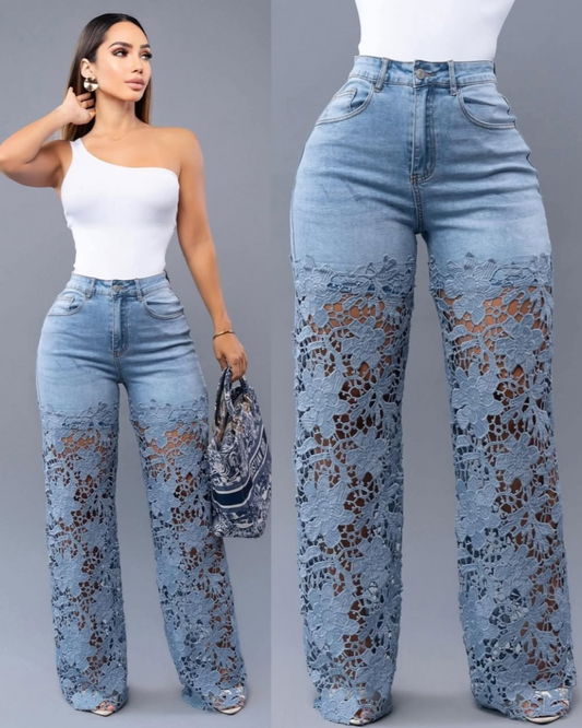 Pantaloni di jeans da donna con pizzo floreale sulle gambe