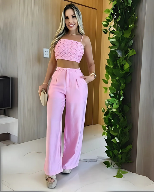 Set de Vară pentru Femei cu Pantaloni Palazzo și Top Scurt cu Bretele